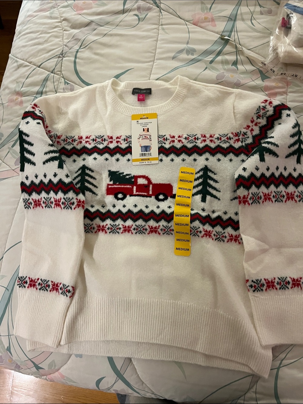 Vince Camuto Cream Knit Crewneck with Red Truck and Green Tree Motif - Picture 2 of 6